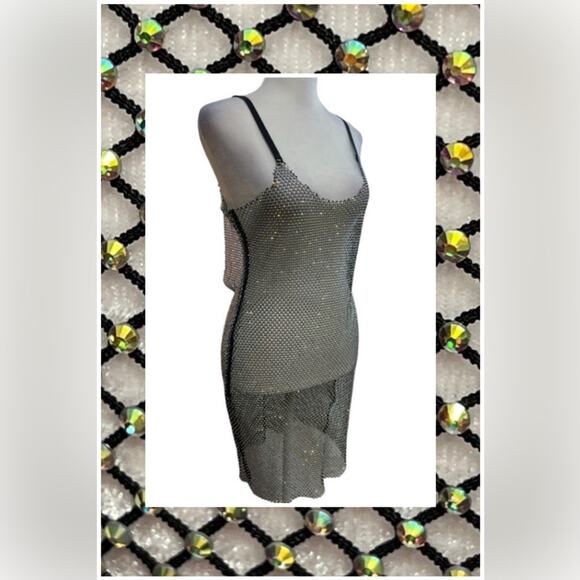 TIC TOC🕷️🎃Rhinestones sheer black stretch netting slip dress/or cover up SZ S - Picture 1 of 16